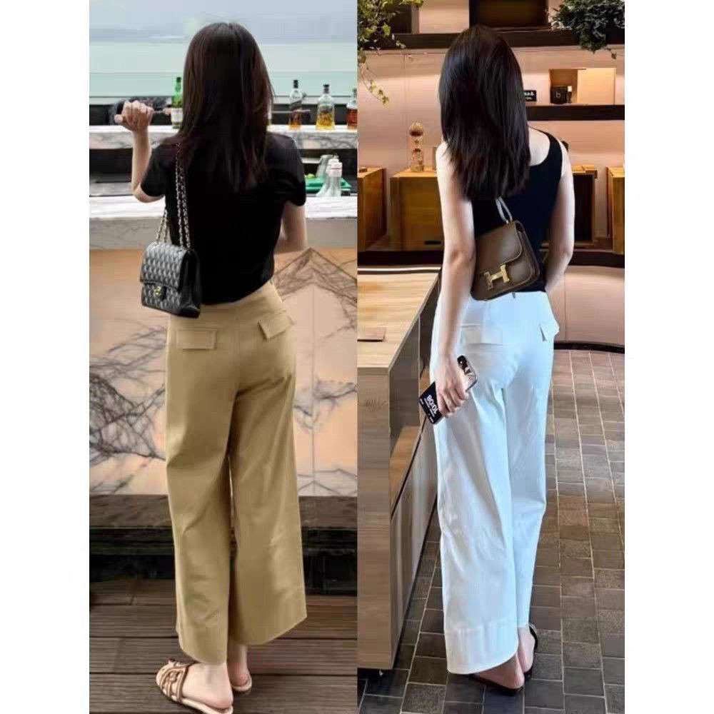 กางเกงขายาวเอวสูงสีกากีสำหรับสาว ๆ ทรงขาปล่อย สบายในหน้าร้อน ดูเพรียวบางและทันสมัย