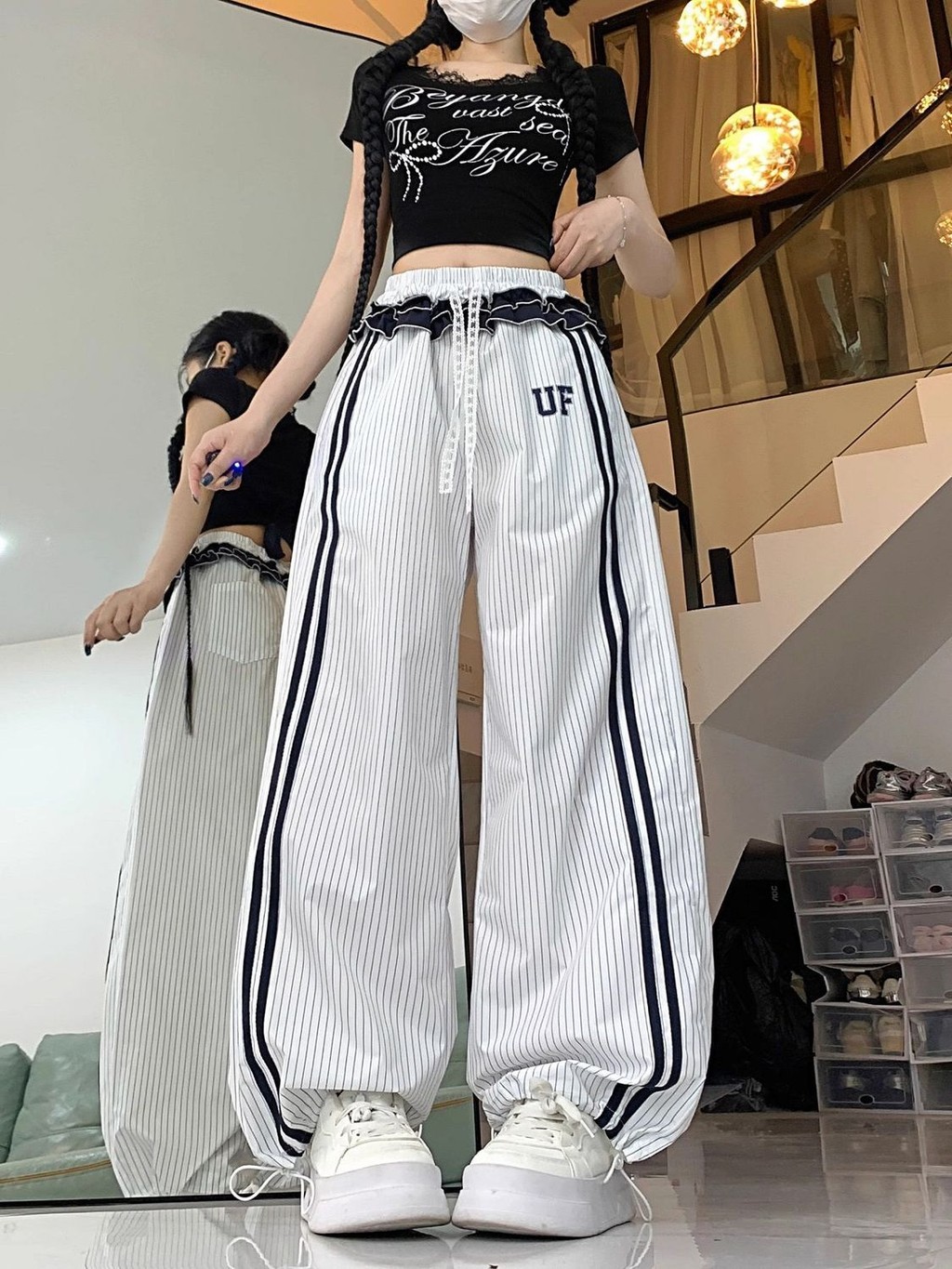 เสื้อผ้าผู้หญิงสไตล์อเมริกันใหม่ พร้อมกางเกงขา.getLong แบบ loose fit ลายสวยงาม เหมาะสำหรับใส่ลำลอง