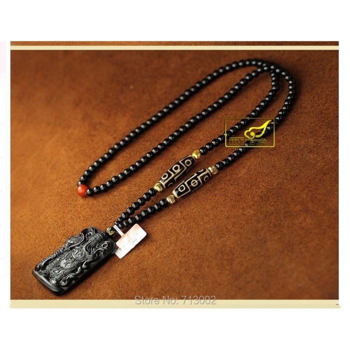 Nature Mexico obsidian Carving GuanYU Pendant 9*Eyes Tibet Dzi Beads Necklace*Certificate s OC2