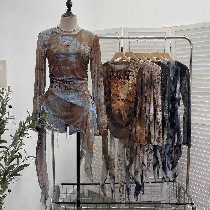 ▥ ผู้หญิงเก๋แขนยาว Bottoming เสื้อตาข่าย Sfumato พิมพ์ไม่สม่ําเสมอ Ruffled ริบบิ้นจีบ TOP PARTY