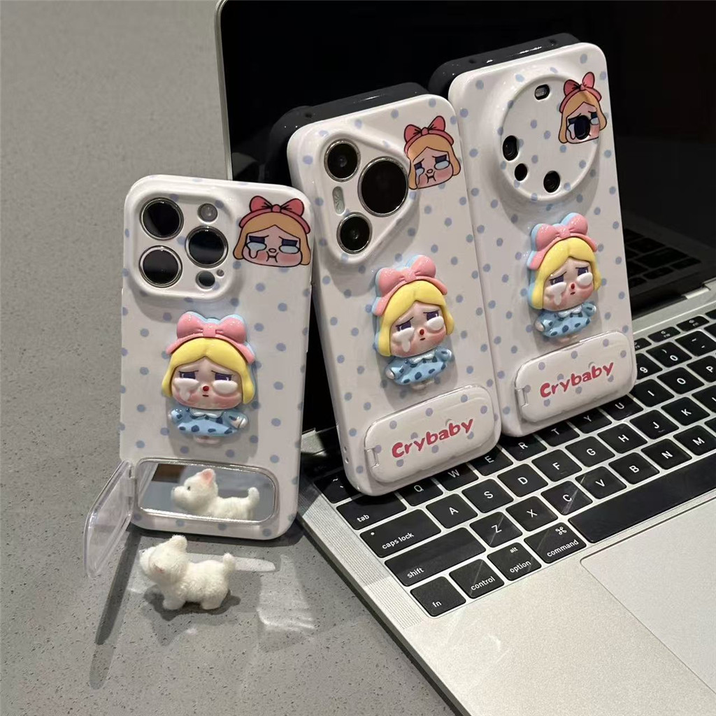 สําหรับ OPPO Reno 7z 8z 8T 5G 6z 5 6 7 8 Pro 3D น่ารักร้องไห้เด็ก Make Up กระจกพับ bracke เคสโทรศัพท์