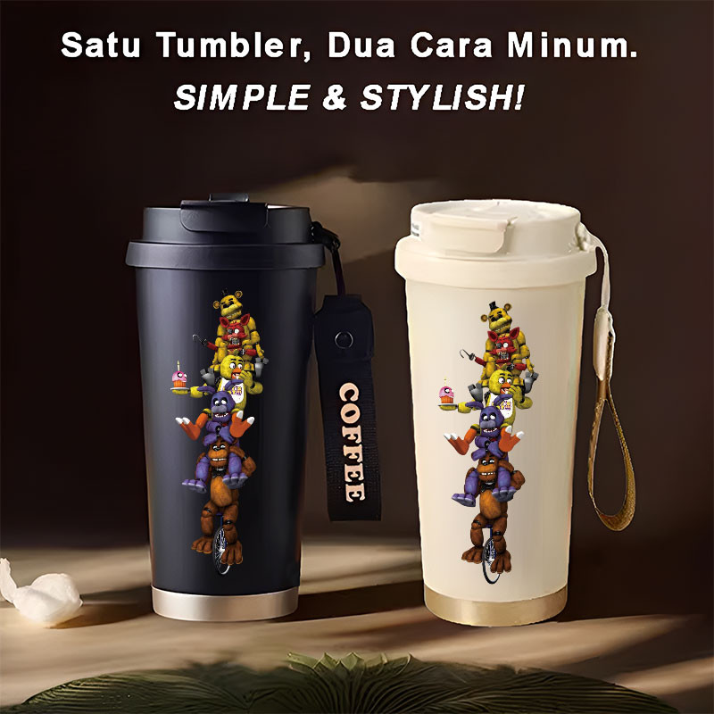 Tumbler Five Nights at Freddys การ์ตูน 500ml สแตนเลส 316 ขวดดื่มแบบพกพา Stylish & Aesthetic พร้อมถ้ว