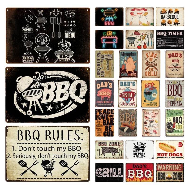 BBQ Vintage ป้ายดีบุกโล่บาร์บีคิวแผ่นโลหะป้าย Wall Art ตกแต่งห้องครัว Man Cave Terrace Beach House C