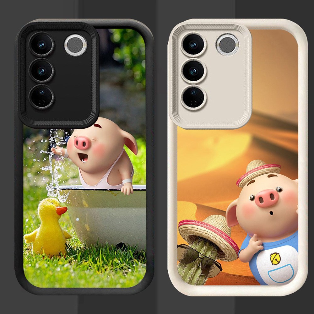 R49 ปลอกหมูน่ารักสําหรับ VIVO V27 Pro Y200e V27E Y29 สีดําและสีขาว