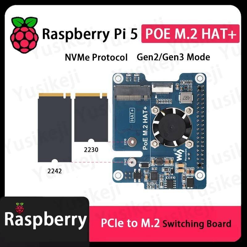 Raspberry Pi 5 Poe M.2 Hat+ Board Poe + PCIe a M.2 NVMe SSD Board Hat + Pi5 2242/2230
