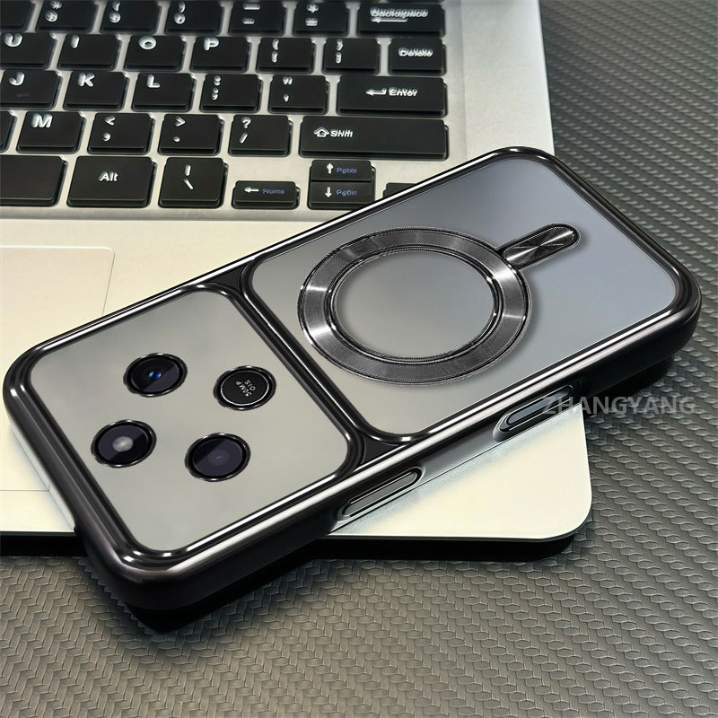 กรณีสําหรับ Redmi 14C ไฟฟ้าหน้าต่างขนาดใหญ่โปร่งใสเคสโทรศัพท์ความงาม CD วัสดุแม่เหล็กดูดแหวนออกแบบใหม่
