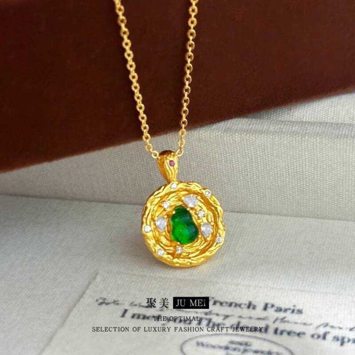 9999 Luxury 24K Pure Gold Real Gold Cornucopia Green Stone Gourd Pendant Necklace Women 0Fa9a
