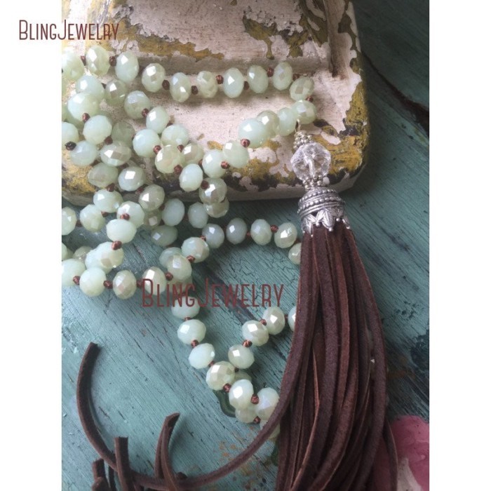 Knot Lime Green Crystals Beads Necklace Brown Leather Fringe Tassel  NM15520 tngeC S7S