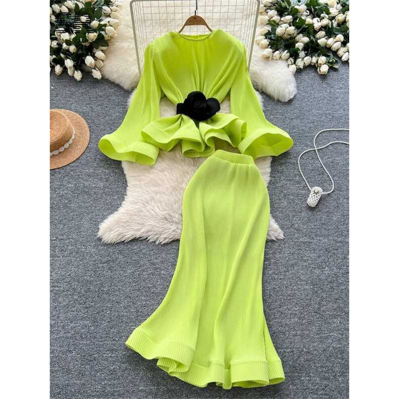 ▥  อาวุโส 3D ดอกไม้ 2 PC ชผู้หญิง O คอ Flare แขนเสื้อซิปเสื้อ + Bodycon กระโปรง Mermai