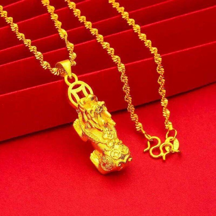 Water Pixiu Coin Wave Necklace Pendant 24K Gold Au999 Unisex - Elegant, Ideal For Gifting Luck & 65