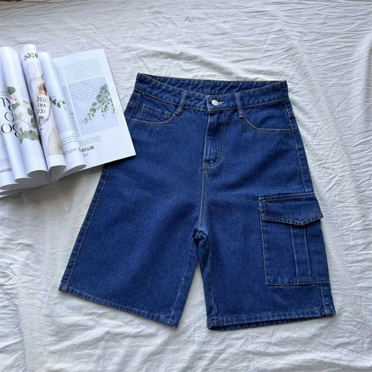 Solovely S-5XL ไซส์ใหญ่ เกาหลี เอวสูง ขากว้าง กางเกงคาร์โก้ สีพื้น ย้อนยุค กางเกงขาสั้นยีนส์