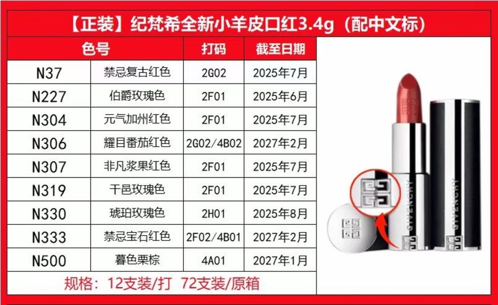 2025 แฟชั่น ¥36/ชิ้น Givenchy Lambskin Lipstick 3.4g หนังสีดํา: N37+N227+N304+N306+N307 N319+N330+N3