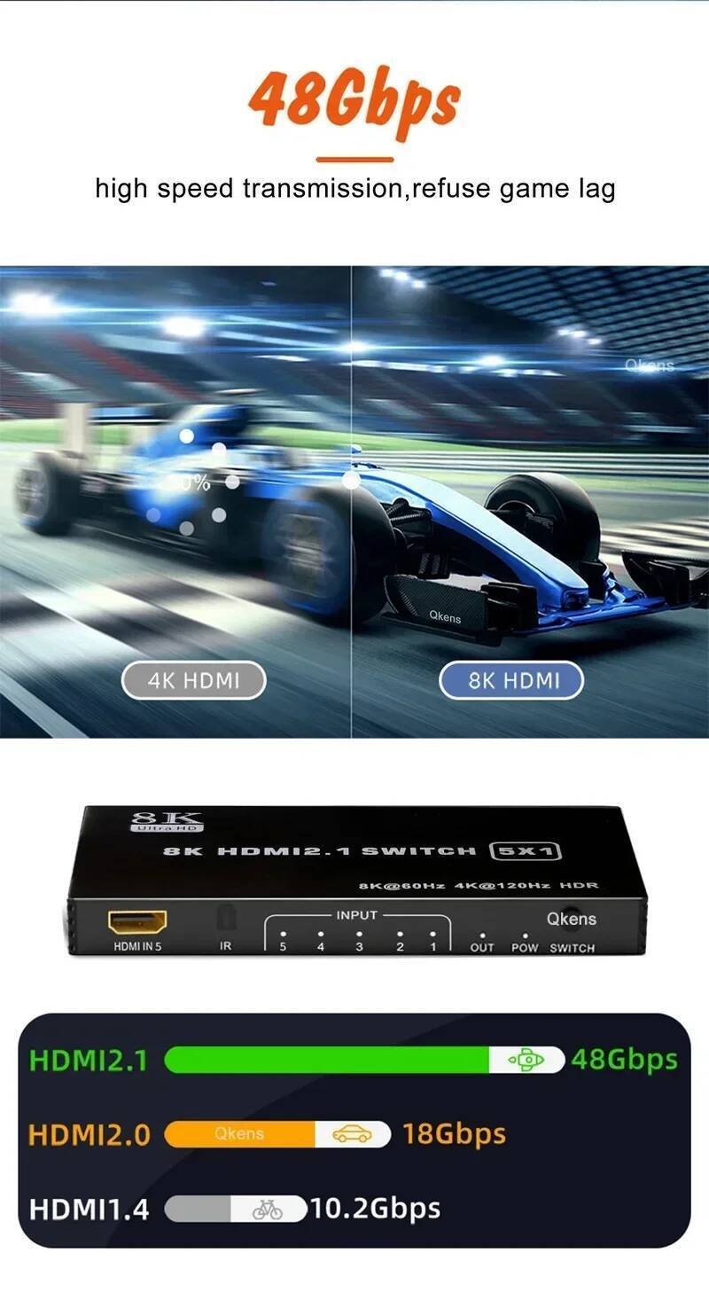 8K HDMI2.1 Switcher 4K 120Hz 3x1 4x1 5x1 HDMI Switch 48Gbps HDR10 Audio Video Converter 3 4 5 in 1 O