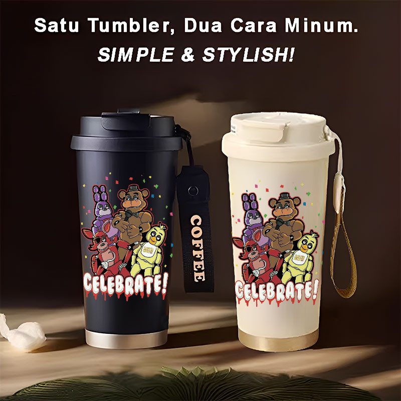 Tumbler Five Nights at Freddys การ์ตูน 500ml สแตนเลส 316 ขวดดื่มแบบพกพา Stylish & Aesthetic พร้อมถ้ว