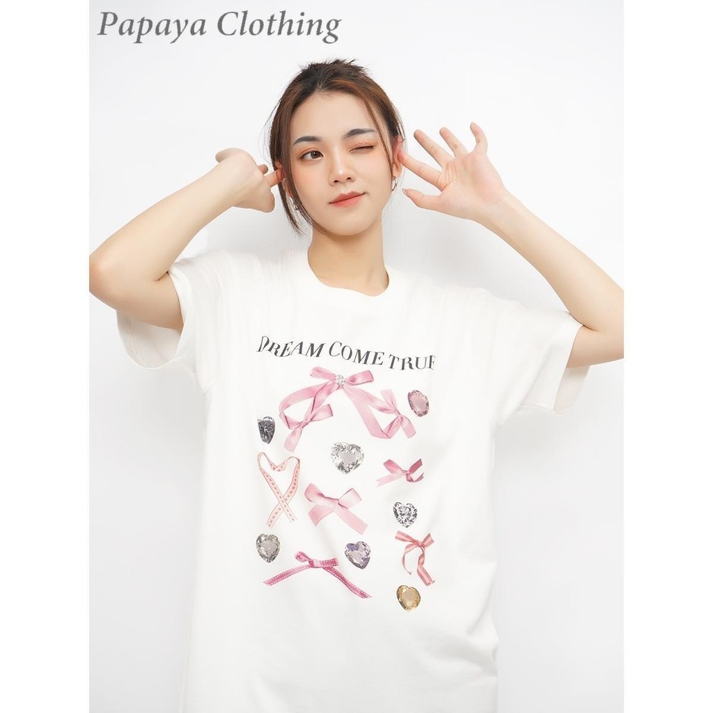 Papaya เสื้อยืด โอเวอร์ไซส์ 'Dream Come True' แฟชั่นเกาหลี เสื้อยืดผู้หญิง ผ้าคอตตอน 100%เสื้อยืดลา