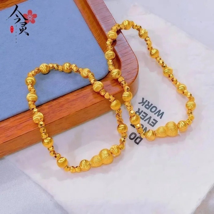 24K Solid Gold AU999 Bracelet With Cat Eye Disco & Hulu Beads, Brushed Matte Finish Lucky Charm 703