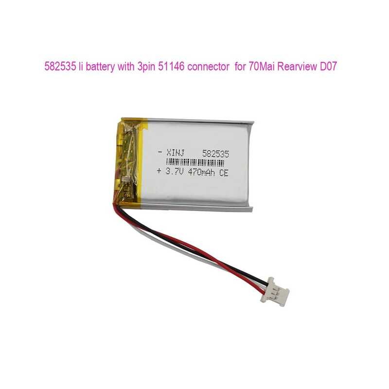 ▥ 3.7V 470Mah 1.74Wh Li แบตเตอรี่ลิเธียม 582535 3Pin 51146 Connector เปลี่ยน 70Mai กระจกมองหลัง