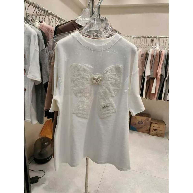▥ Y2kฤดูร้อนเสื้อผู้หญิงเสื้อยืดสีขาวo-คอสั้นแขนเสื้อเกาหลีtees 2025 Ropa Mujer Heavyประดับด้วย