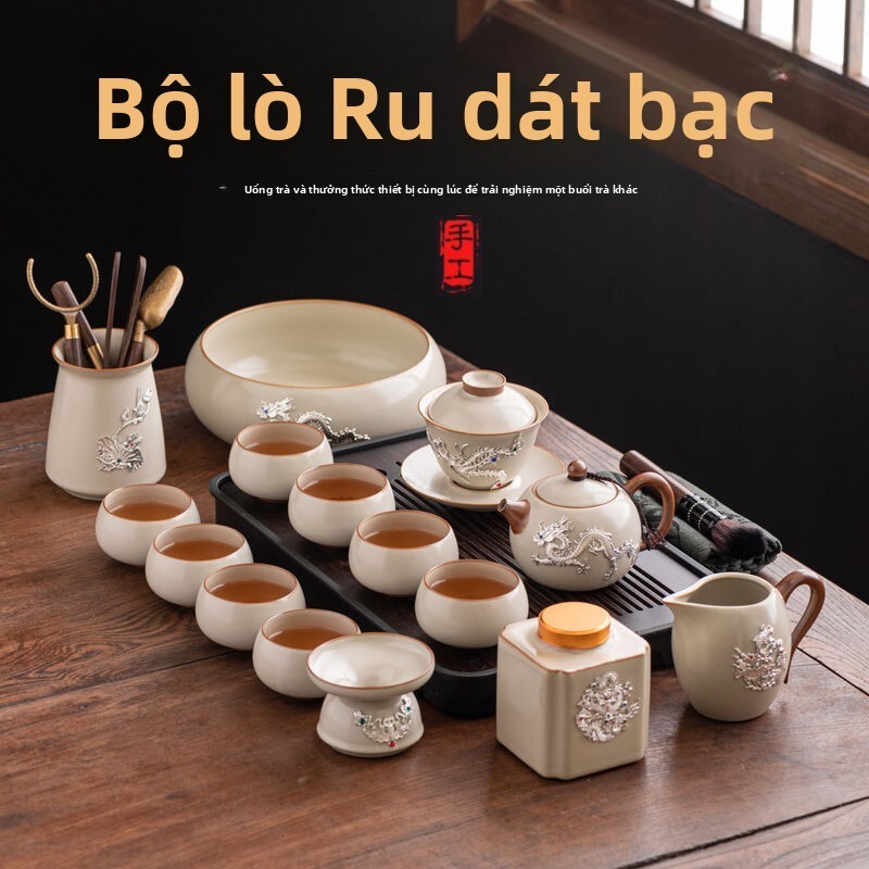 ชุดเงิน Kanglepin ระดับไฮเอนด์ฝังด้วย Ru Kiln หรูหรา ชุดน้ําชาเต็ม กล่องของขวัญครอบครัว รุ่น 2024