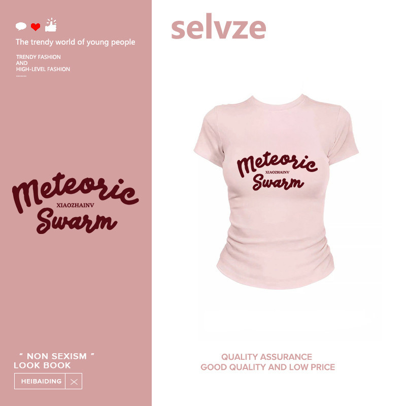Selvze เสื้อครอปท็อป แขนสั้น แฟชั่นฤดูร้อน (อังกฤษสีแดง） ชั่วโมง เสื้อยืดแขนสั้นสไตล์เกาหลี Y2K cot