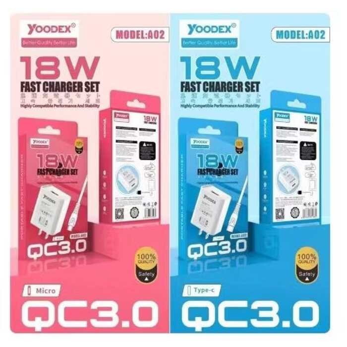 ชุดชาร์จyoodex A02 18W คุณภาพสูง สายชาร์จ+หัวชาร์จ Micro V8/Type-C Type-C To 6Da