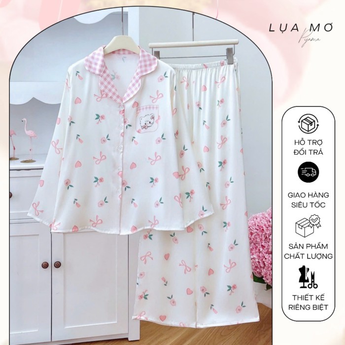 Lady Pajama แขนยาว 3D รูปแบบคุณภาพสูงผ้าละติน - ชุดผ้าไหมแอปริคอท LM248