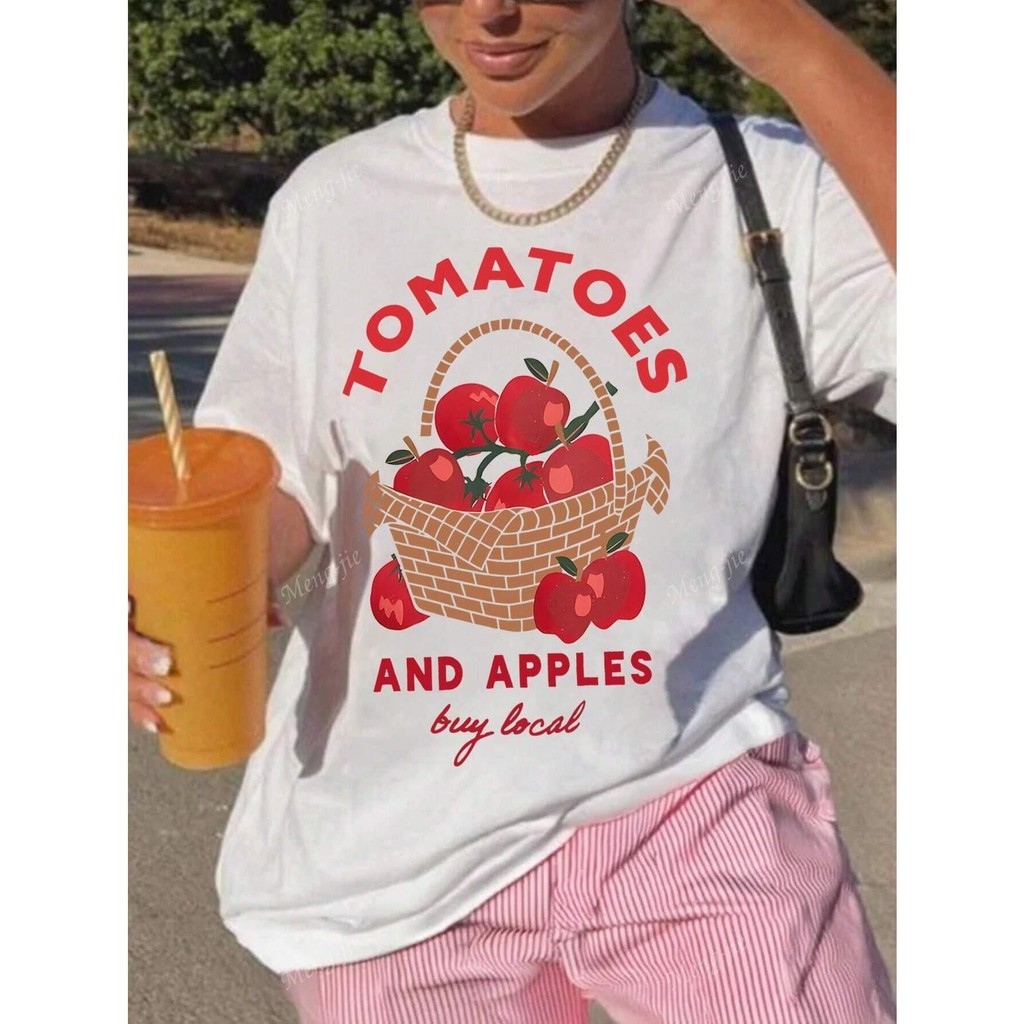 Hustlin เสื้อยืดผู้หญิงโอเวอร์ไซส์ ลายตะกร้ามะเขือเทศ แอปเปิ้ล ผ้าคอตตอน 100% สไตล์เกาหลี น่ารัก ใส