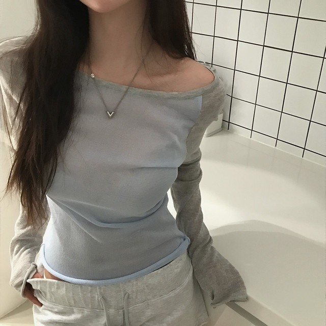 Contrast Stitching Thin Style Breathable Slim-fit เสื้อยืดแขนยาว 102552