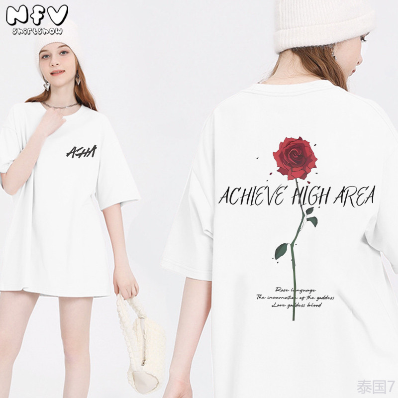 NFV พร้อมส่งลายพิมพ์กุหลาบ เสื้อยืดแฟชั่นผู้หญิง ทรงหลวม ผ้าฝ้ายแท้ ระบายอากาศ ใส่สบาย YG888