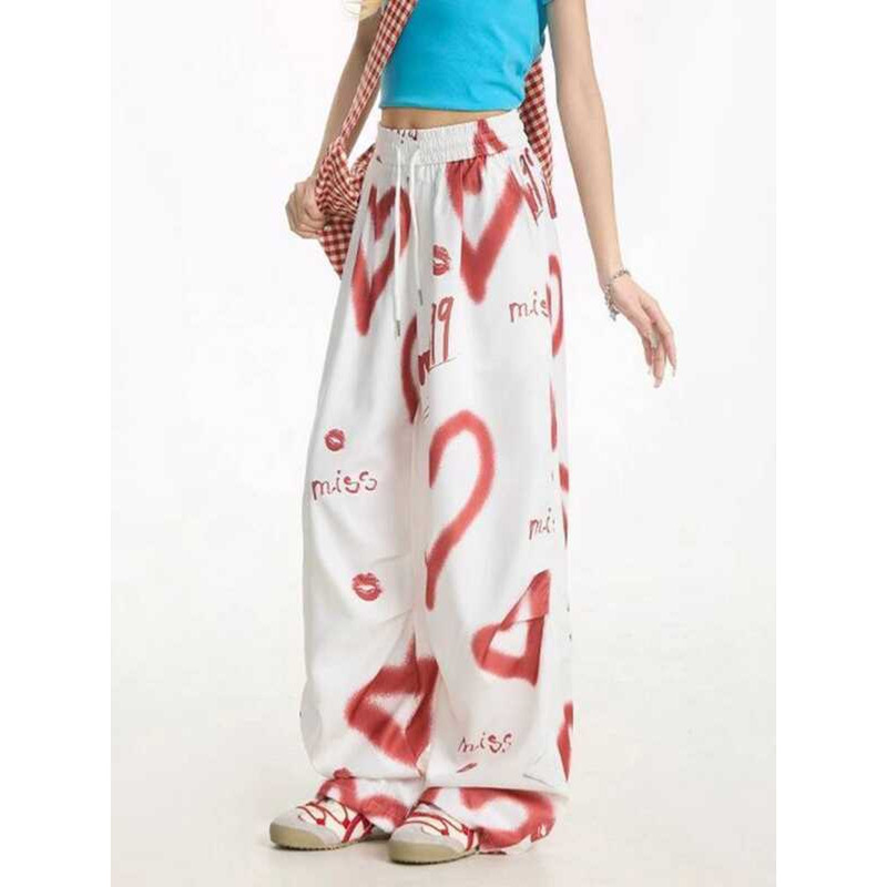 ▥  Hip Hop พิมพ์กางเกงผู้หญิงวินเทจสูงเอวหลวม Streetwear กางเกง Haruku Y2k อเมริกัน Retro B