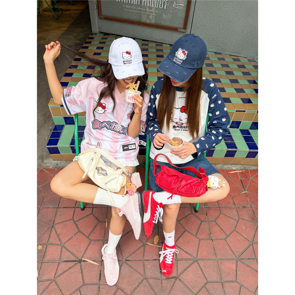 น่ารัก HelloKitty ลายขนาดใหญ่นุ่ม V คอ Jersey Tee ผู้หญิงสบายๆทุกวันหลวมแขนสั้น Tops