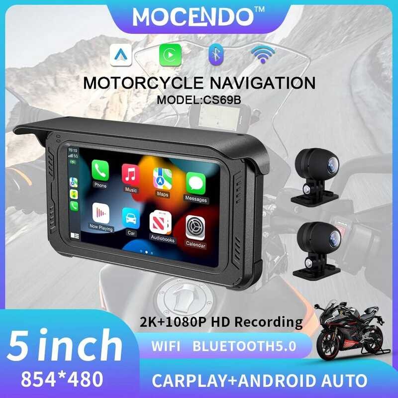 CS69B 5 นิ้วระบบนําทางรถจักรยานยนต์หน้าจอสัมผัสล่าสุด IP67 กันน้ํา Carplay Auto พร้อม dashcam เลนส์ค