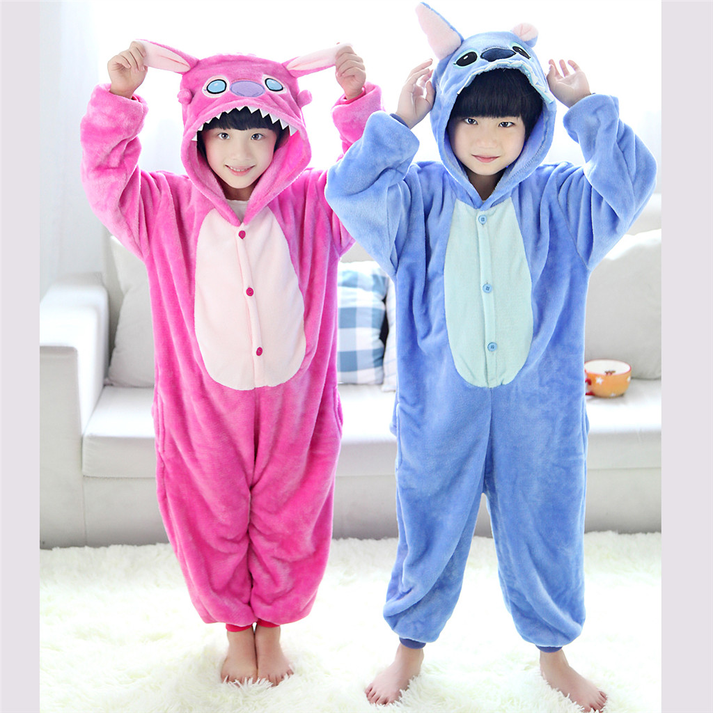 Kigurumi Disney Stitch Onesie ชุดนอนฟลANNEL แบบ Jumpsuit สำหรับเด็กและเยาวชน พร้อมใช้ในการcosplay