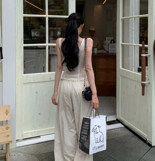 Lace Hollow Stitching Ruffled Laced-Up Slim-Fit เสื้อแขนกุด 102405