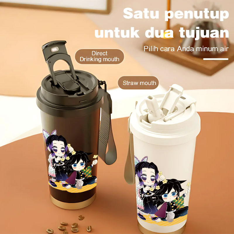 Tumbler Shinobu X Giyuu Demon Slayer อะนิเมะ 500ml สแตนเลส 316 ขวดดื่มแบบพกพาสไตล์และความงามพร้อมฟาง