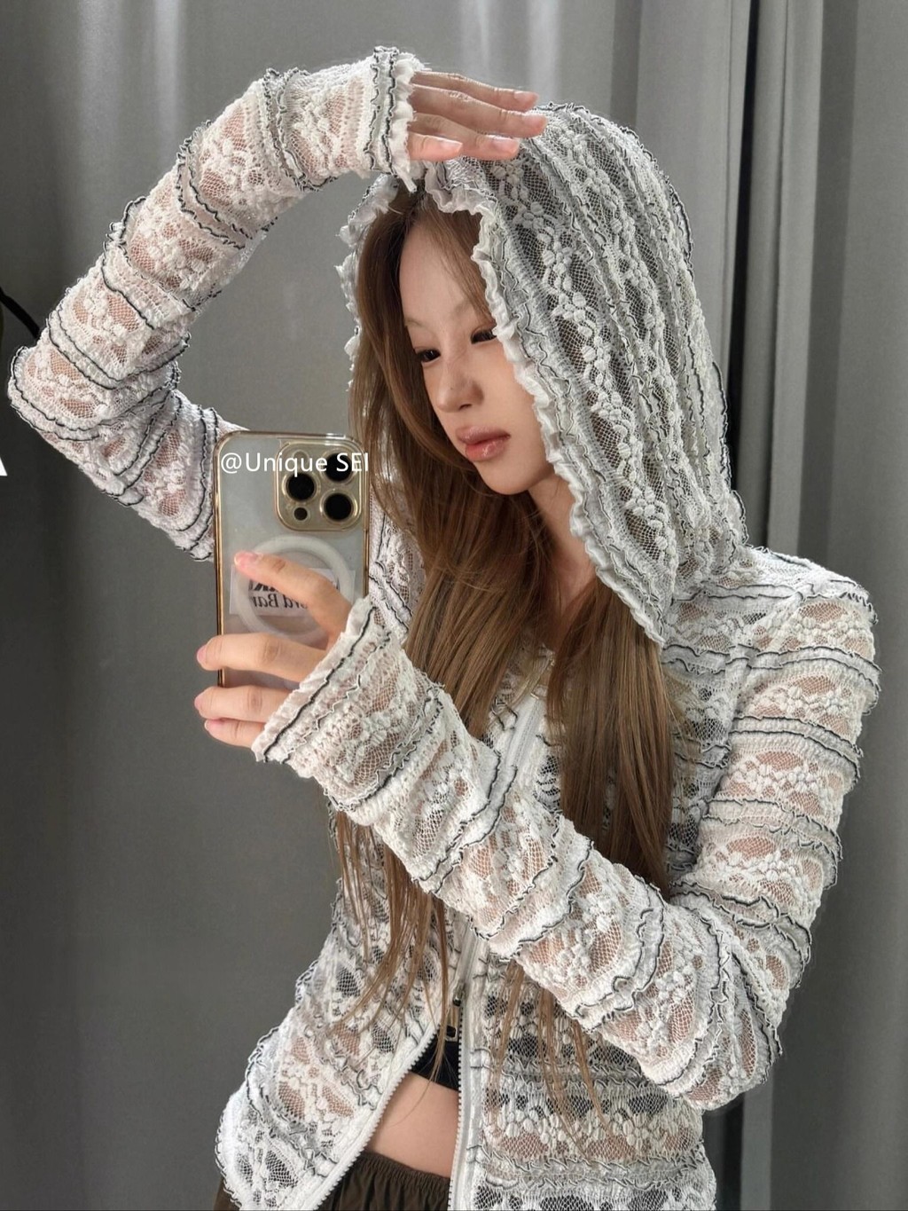 แจケットปิดซิบผู้หญิง สไตล์เกาหลีและบล็อกเกอร์ Instagram ทรงอุตสาหกรรม ลายโปร่งเบาๆ