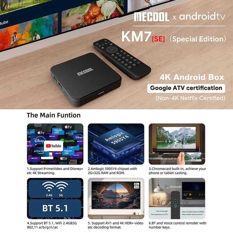 ▥ Mecool Km7 Seกล่องทีวีandroid 11 ATV Google Certified Lpddr4 2Gb RAM 32Gb 4K Dual Wifi Bt5.1
