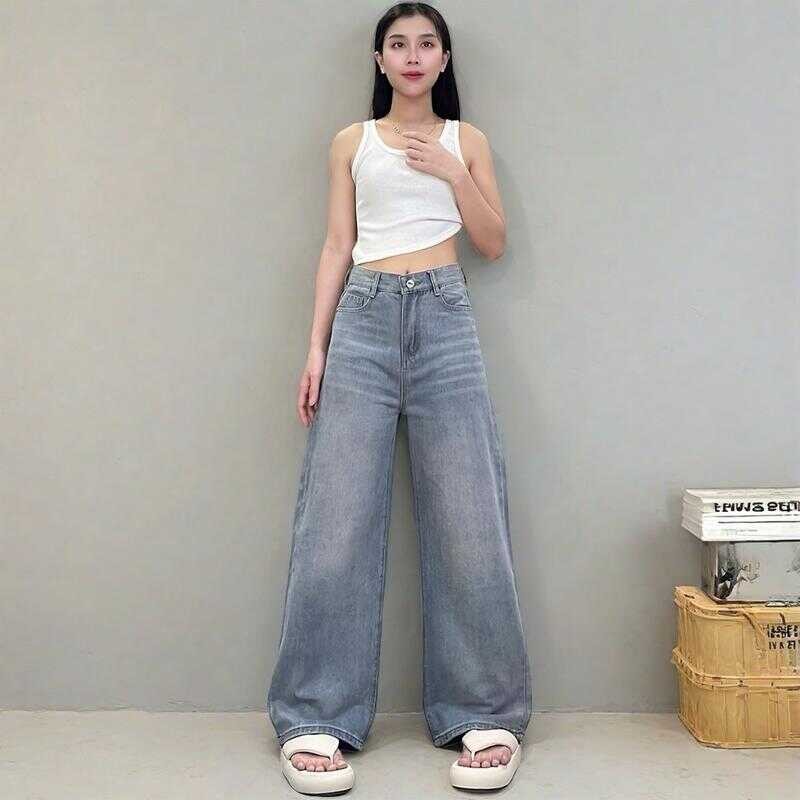 NAMCHA กางเกงยีนส์กระบอกกลางเอวสูง สียีนส์นัว เเต่งเฟด 2588 Ec8