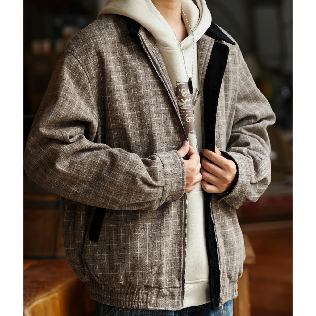 Richell Old Money Wind พันนกลายสก๊อตสีชนกัน Lapel Jacket ชายอเมริกันวินเทจแฮร์ริงตัน Workwear ฤดูใบไม้ร่วง