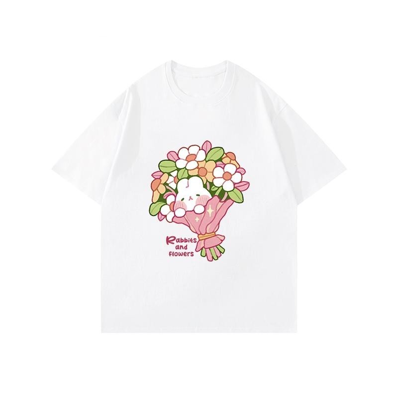 Papaya เสื้อยืด Oversize ลาย "Rabbits and Flowers" น่ารักสดใส ใส่สบาย WS1212