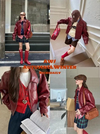 Encore เสื้อแจ็คเก็ตหนังสั้นสีแดงสำหรับผู้หญิง ดีไซน์คลาสสิก…