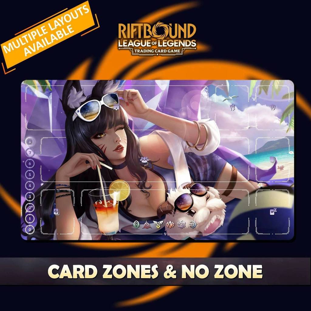 Playmat Ahri KDA พร้อม Poro Riftbound TCG เย็บขอบป้องกัน Magic Card Battle Gaming Mousepad
