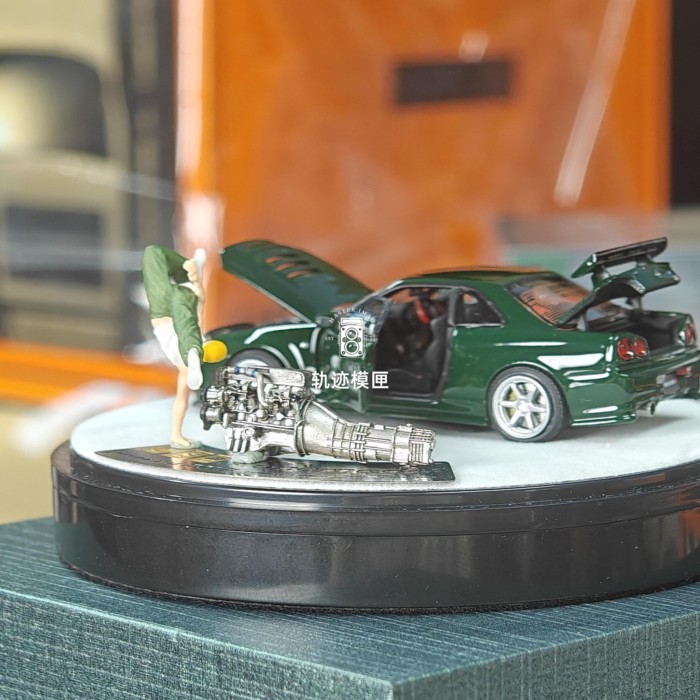 PGM 1: 64 Nissan Nissan GTR R34 Z-TUNE British Green Alloy Full Open รถจําลองรุ่น