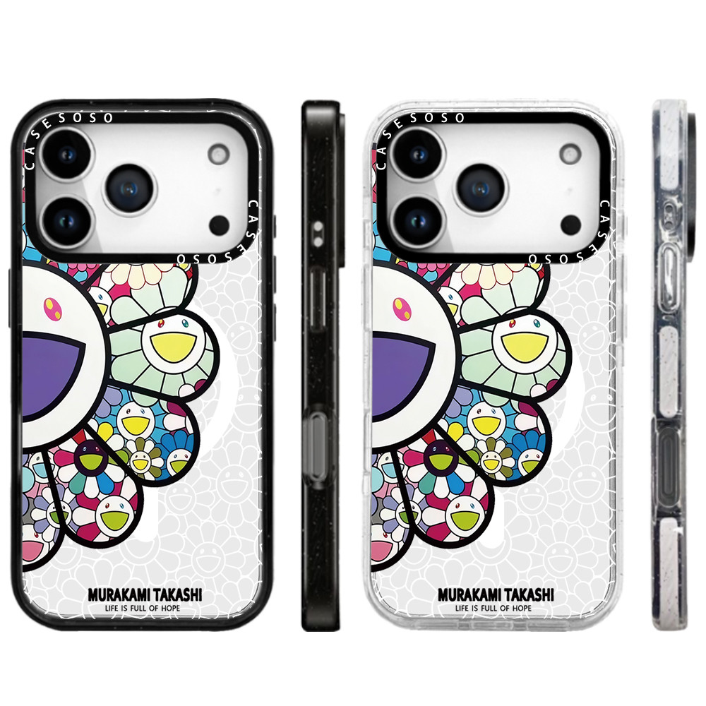 ไร้สายชาร์จแม่เหล็กสําหรับ IPhone 11 12 13 14 15 16 17 Pro Max กรณี MURAKAMI TAKASHI Smile Sunflower 16Plus 17AIR อะคริลิคใสฝาครอบกันกระแทกกล่อง