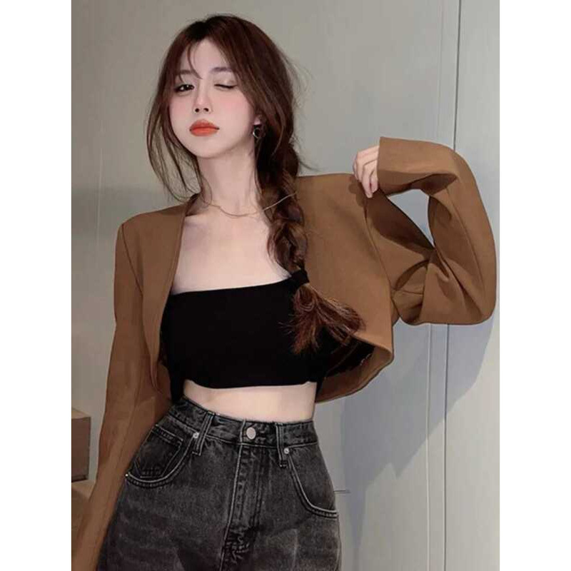 ▥ Woherb 2025 Ropa Mujerแจ็คเก็ตผู้หญิงสุภาพสตรีเสื้อchic Cropped Top O-คอยาวแขนยาวเกาหลีtunicเ