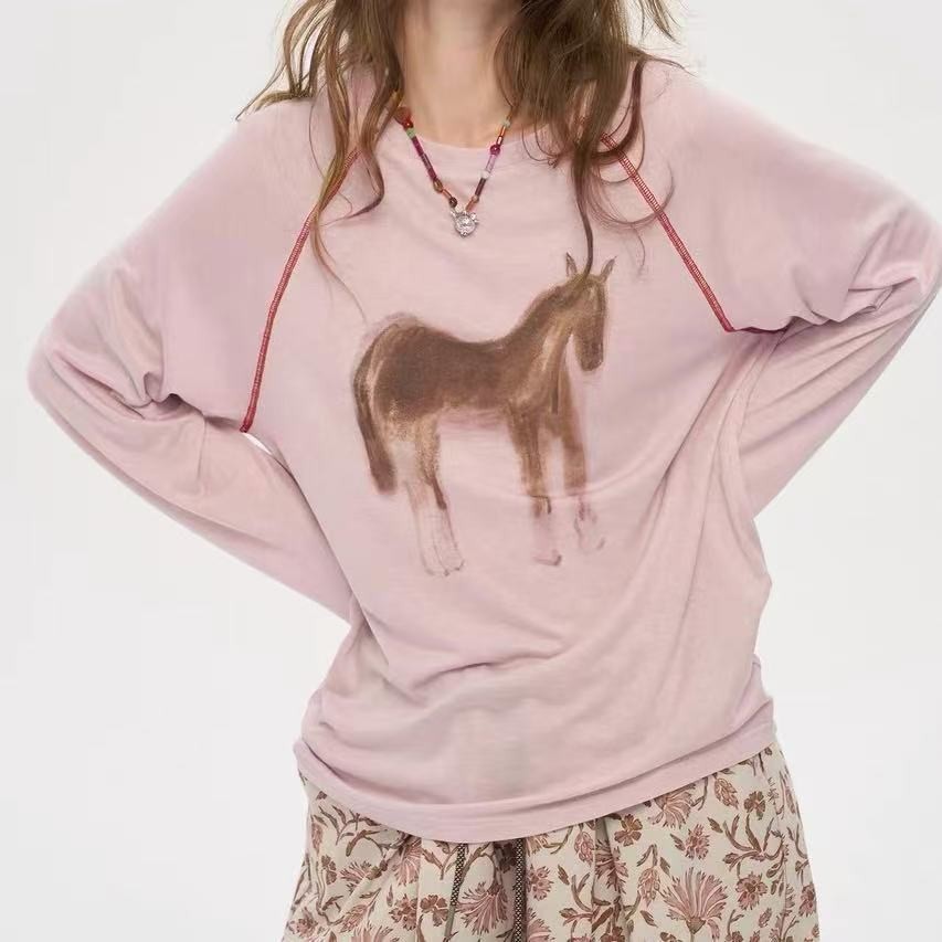 pony Poncho พิมพ์ลายมือวาด แบบ Raglan แขนหลวม