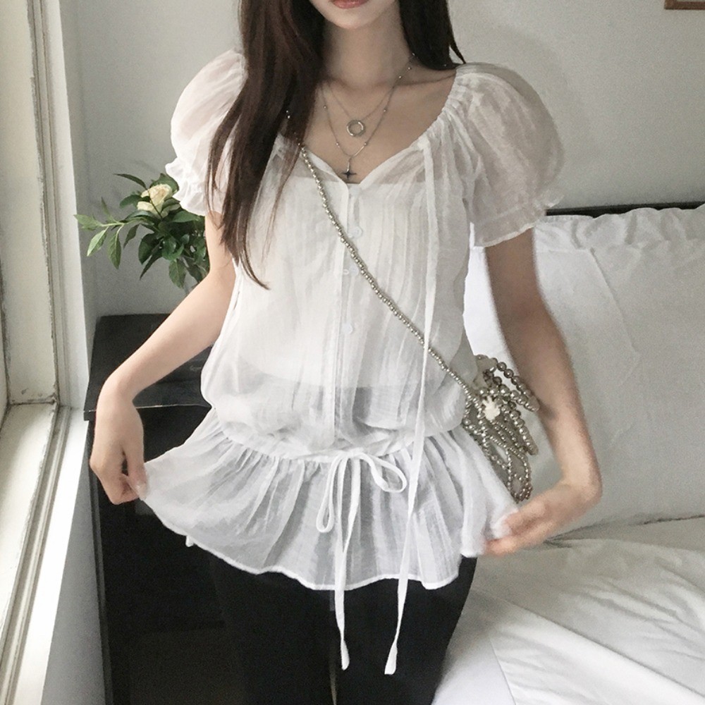คอวีผูกน่าระทึกใจเอวแคบพัฟแขนเสื้อหลวมสบายๆเสื้อแขนสั้น     102544