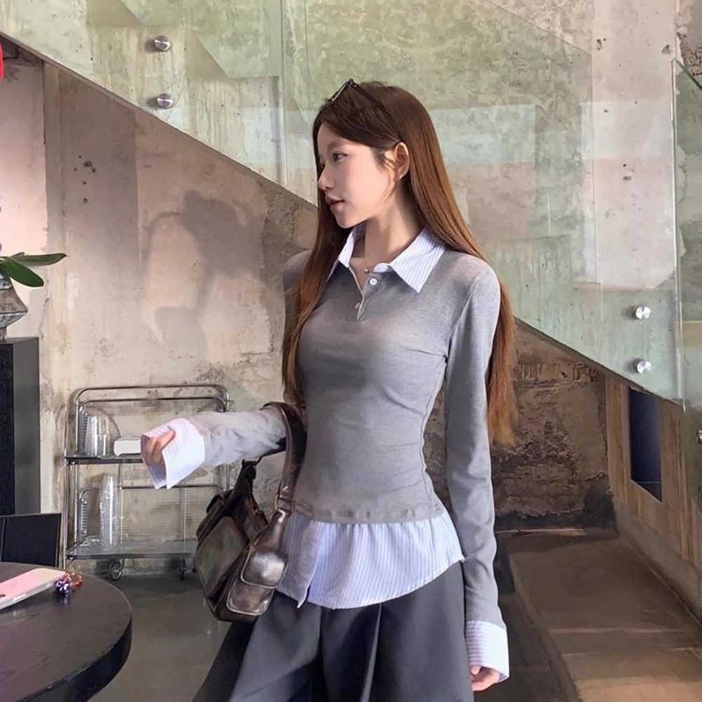 ชุดทops สองชิ้น ลายเสื้อโปโล คอปก สไตล์เกาหลี สำหรับฤดูใบไม้ร่วง