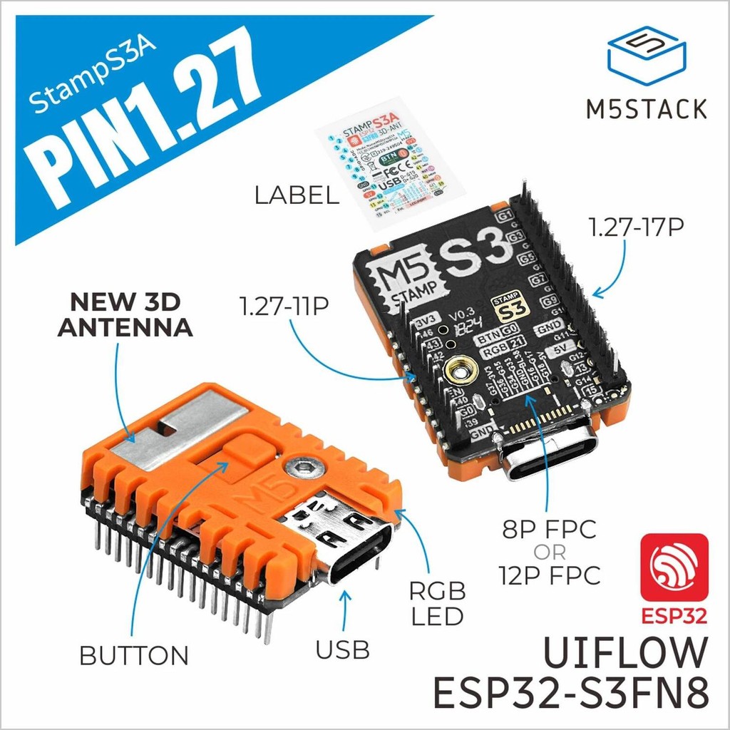 M5Stack อย่างเป็นทางการ M5stamperS3A พร้อม 1.27 Header Pin ESP32-S3FN8
