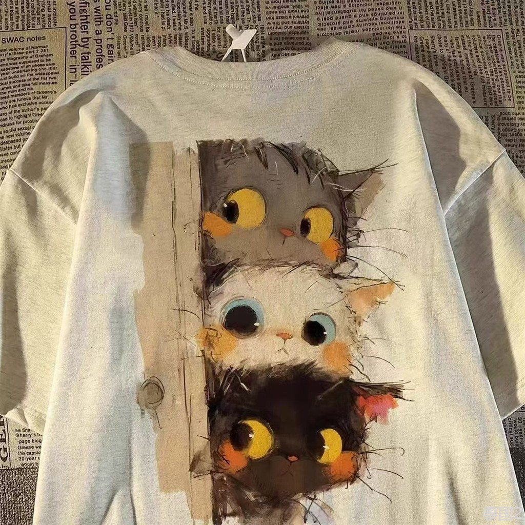 shopเสื้อยืดOversizeLOS"Three cat"t shirt cotton100% พลัสไซส์ alphabettshirt พิมพ์ลาย คอกลม แฟชั่น